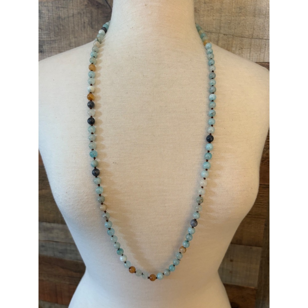 Blue Gemstone Hand Knotted Beaded Long Strand Necklace 36 Inch Boho